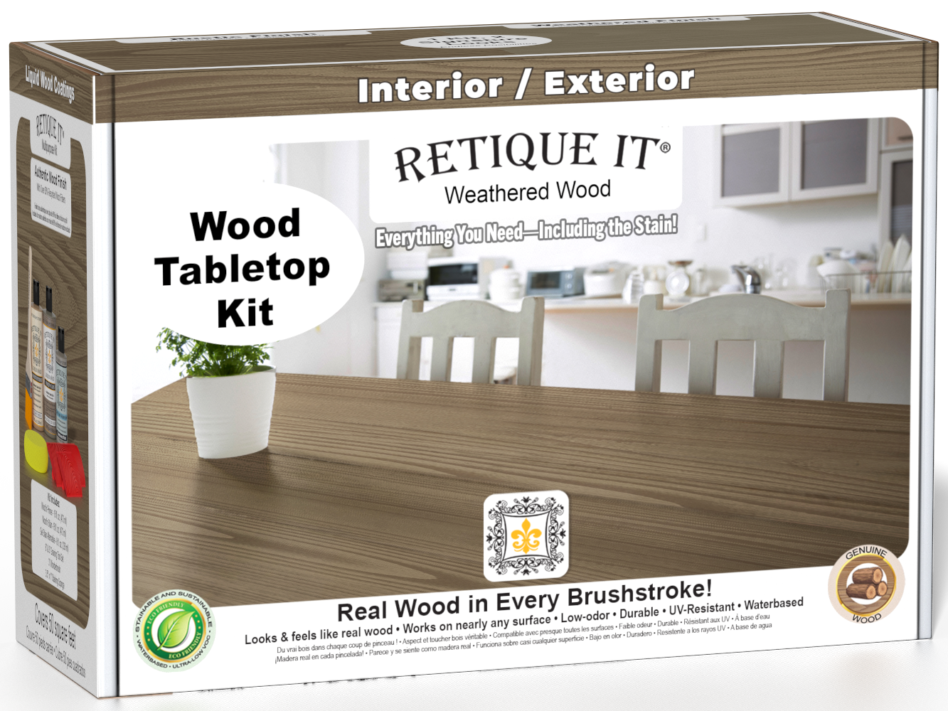 Retique It® Weathered Wood Wood Tabletop Kit retail box featuring a Weathered Wood tabletop finish and kitchen scene.