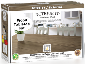 Retique It® Weathered Wood Wood Tabletop Kit retail box featuring a Weathered Wood tabletop finish and kitchen scene.