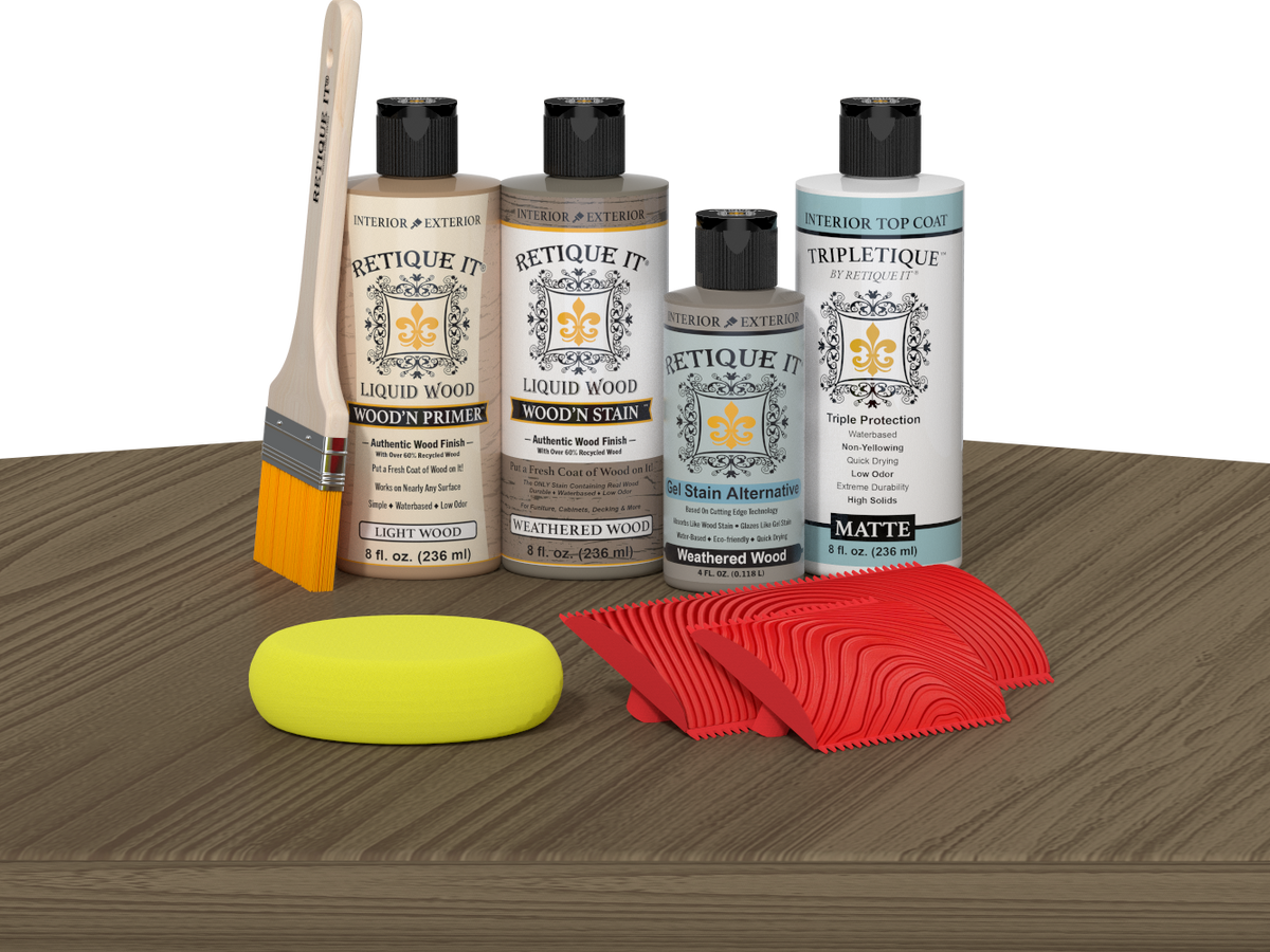Retique It® Weathered Wood Wood'n Kit with Light Wood primer, Weathered Wood stain, Weathered Wood gel stain alternative, Matte Tripletique® Top Coat, brush, red graining tool, and yellow sponge.