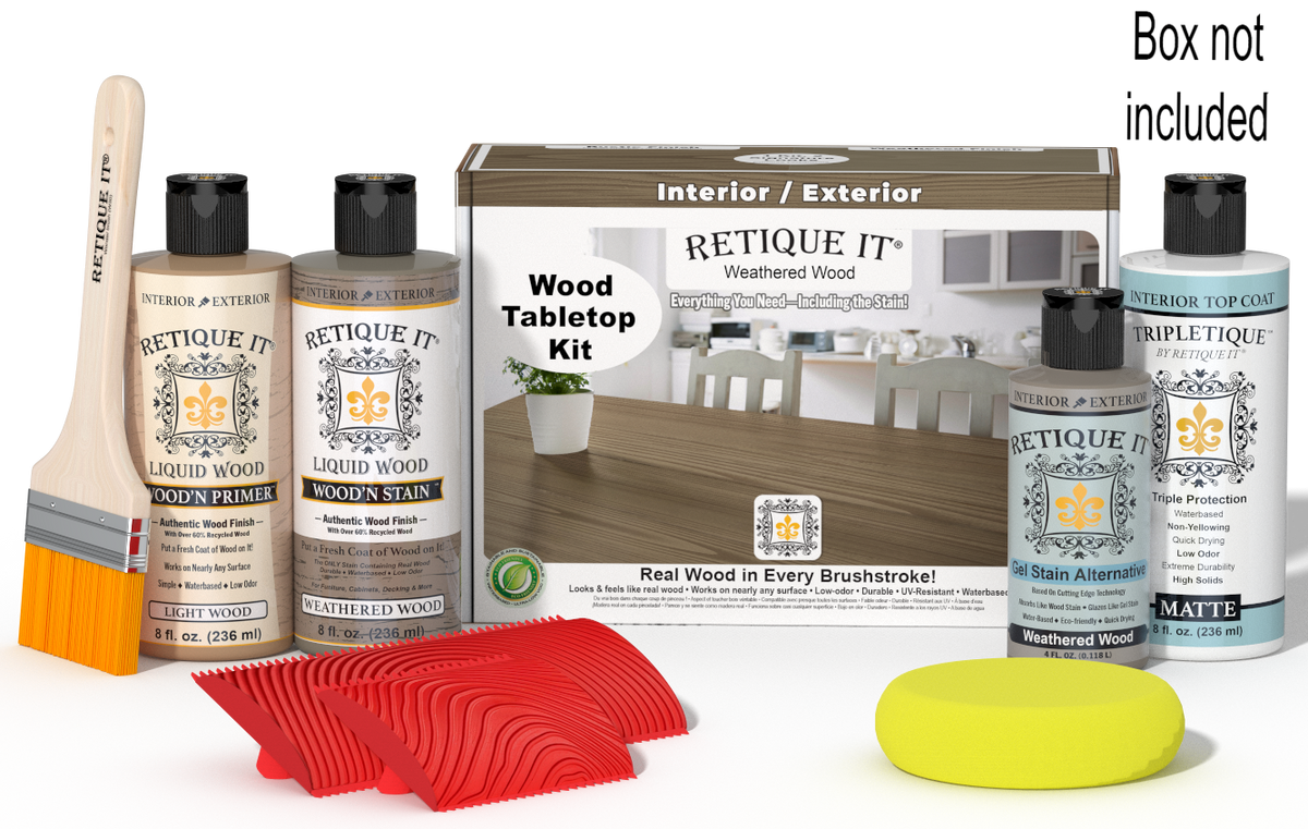 Retique It® Weathered Wood Wood Tabletop Kit with Light Wood primer, Weathered Wood stain, Weathered Wood gel stain alternative, Matte Tripletique® Top Coat, brush, red graining tool, yellow sponge, and product box.