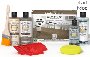Retique It® Weathered Wood Wood Tabletop Kit with Light Wood primer, Weathered Wood stain, Weathered Wood gel stain alternative, Matte Tripletique® Top Coat, brush, red graining tool, yellow sponge, and product box.