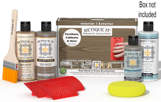 Retique It Wood'n Kit in Weathered Wood finish, interior top coat set for wood furniture and surfaces, with brush and finishing tools.