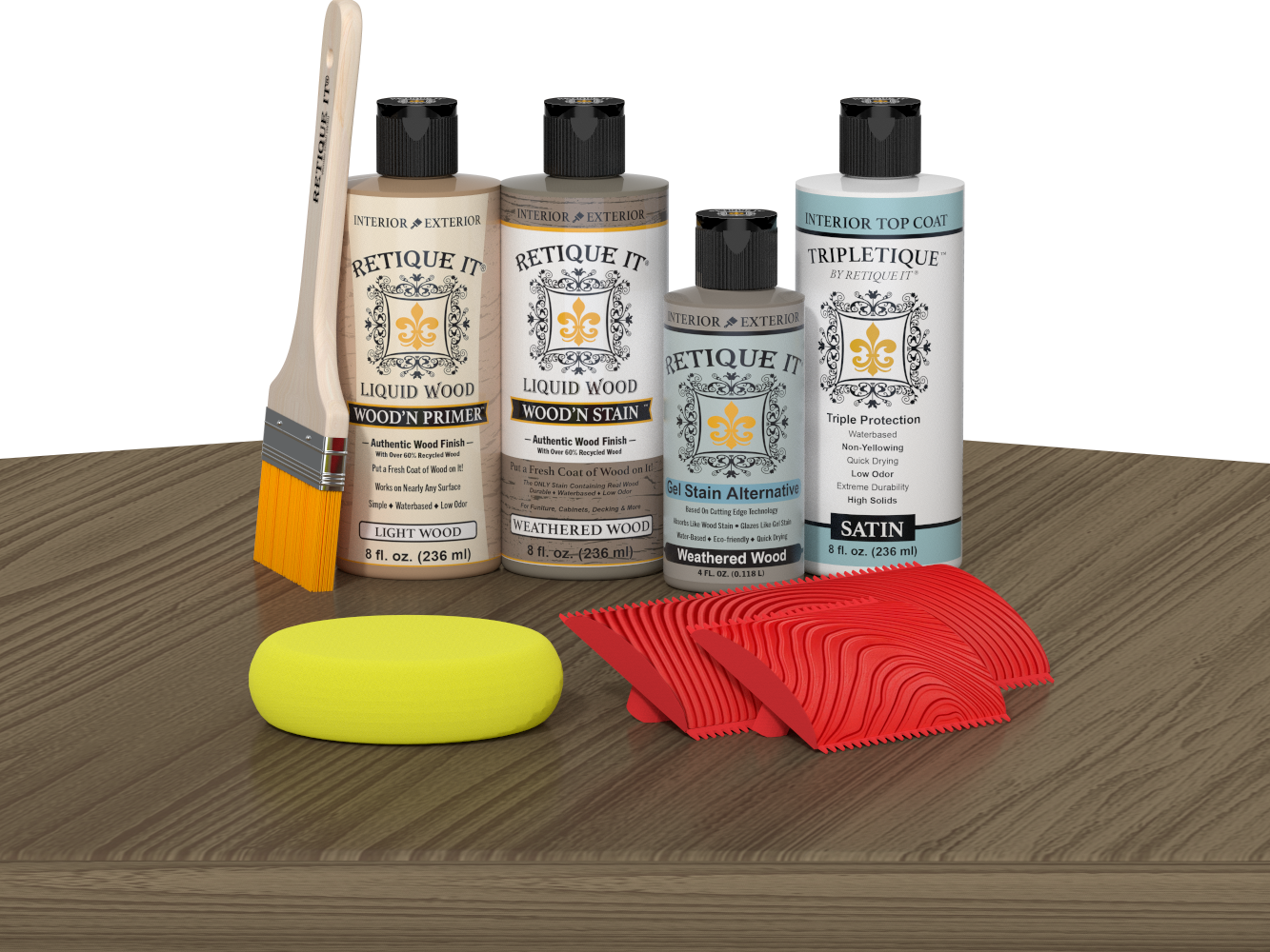 Retique It® Weathered Wood Wood'n Kit with Light Wood primer, Weathered Wood stain, Weathered Wood gel stain alternative, Satin Tripletique® Top Coat, brush, red graining tool, and yellow sponge.
