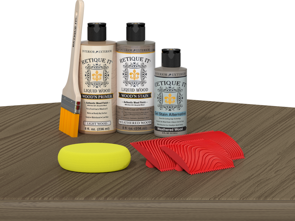 Weathered Wood Multi-purpose Wood'n Kit by Retique It® with finish and tools on a table for wood furniture restoration.