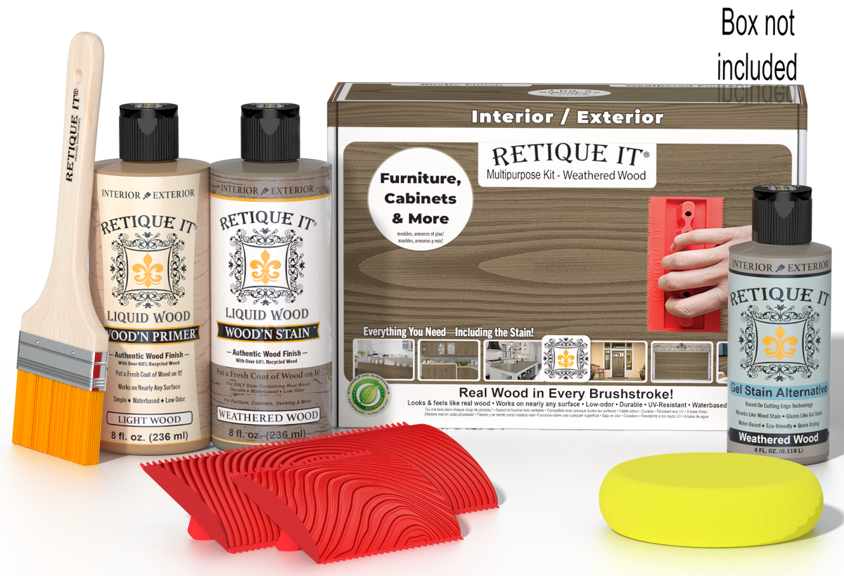 Retique It® Weathered Wood Multi-purpose Wood'n Finish Kit with weathered wood-colored components and application tools.