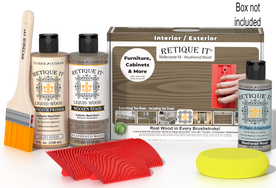 Retique It Weathered Wood Multi-purpose Wood'n Finish Kit with weathered wood-colored components and application tools.