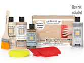 Retique It Wood'n Finish Kit in Walnut with oak finish, shown in a box containing application tools and sample wood panels.