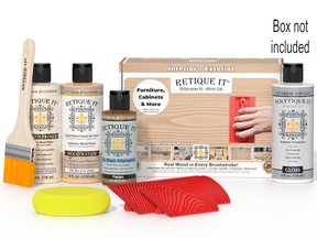 Retique It Wood'n Finish Kit in Walnut with oak finish, shown in a box containing application tools and sample wood panels.
