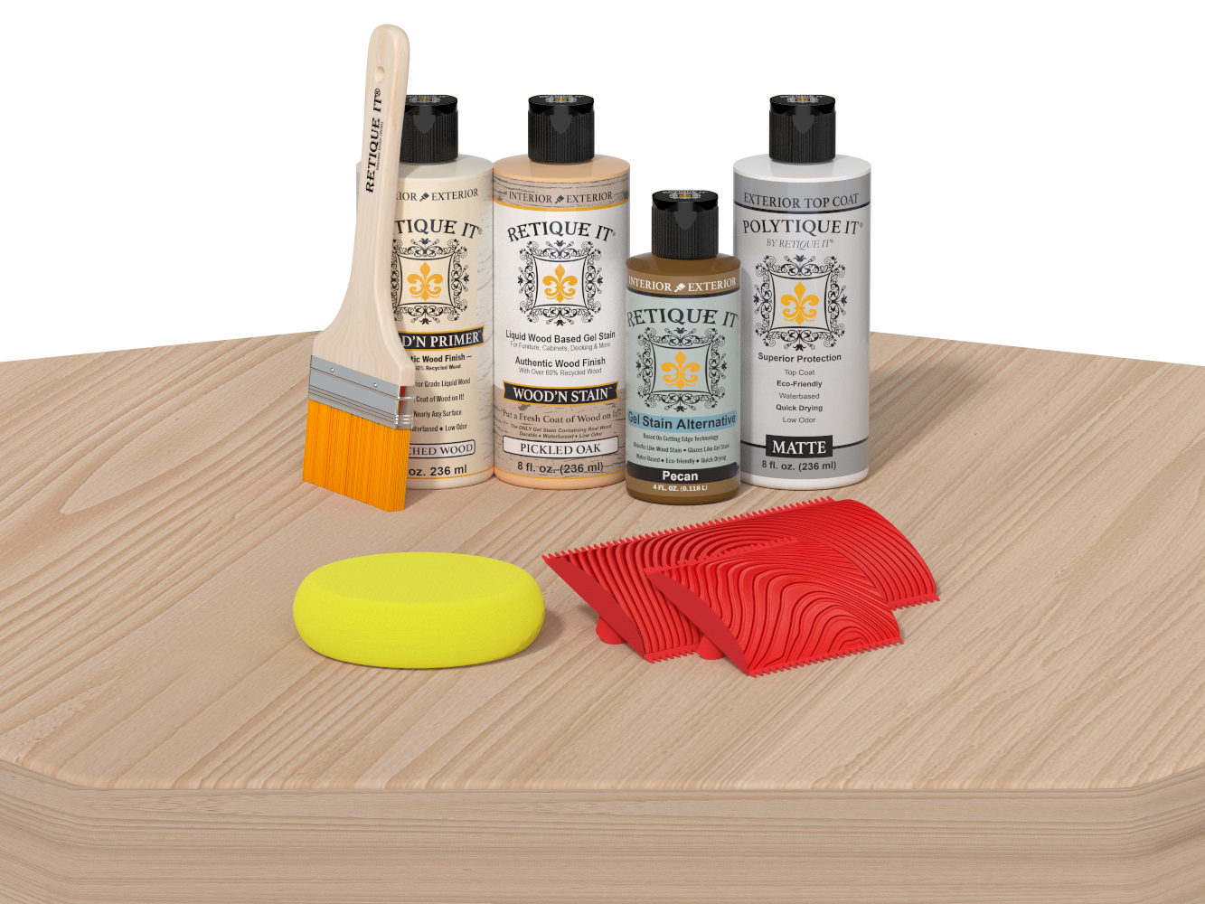 Retique It Wood'n Finish Kit WNK-woak-pltqm with a finished oak table showing the product in use