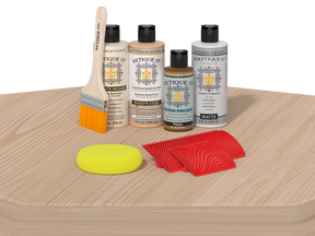 Retique It Wood'n Finish Kit WNK-woak-pltqm with a finished oak table showing the product in use