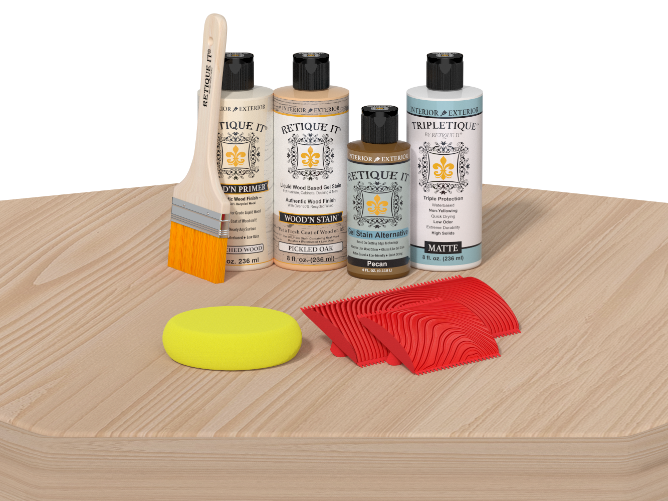 White oak wood finish kit by Retique It for interior top coating, featuring a wood grain table surface with natural wood tone.