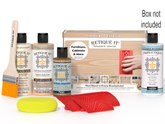 Retique It Wood'n Finish Kit in White Oak for interior top coating, featuring a box with wood finish supplies and tools.