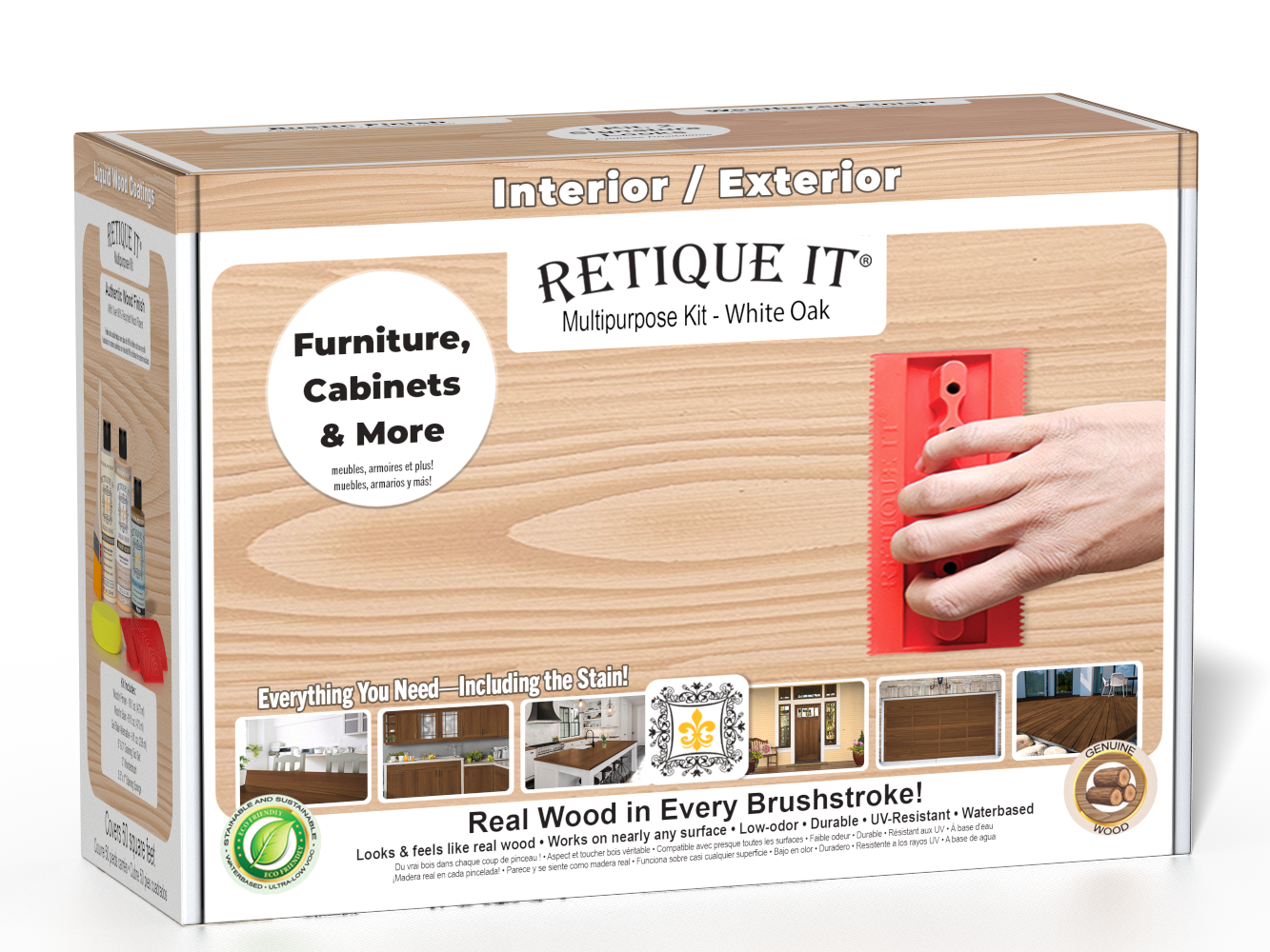 Retique It White Oak multipurpose liquid wood refinishing kit box with light wood grain finish examples and a red graining tool.