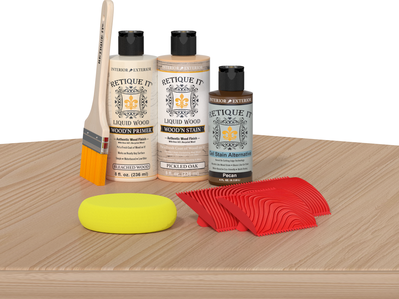 Multi-purpose Wood'n Kit in White Oak by Retique It® displayed on a table, featuring wood finish tools and supplies.