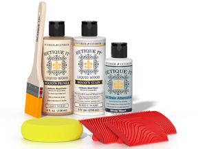 Retique It® White Wash wood finish kit for fireplace mantels, featuring stains and application tools in a natural wood appearance.