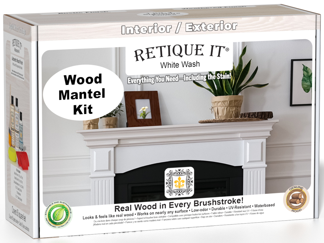 Retique It® White Wash wood stain kit for fireplace mantels, featuring a wood finish and application tools in the box.