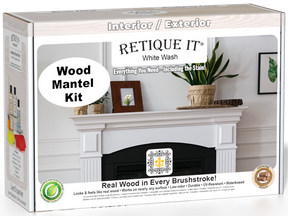 Retique It® White Wash wood stain kit for fireplace mantels, featuring a wood finish and application tools in the box.