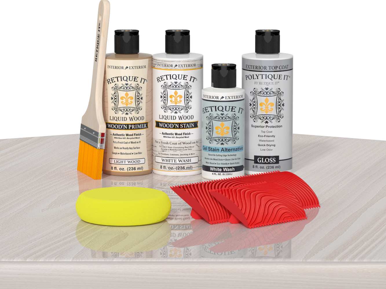Retique It® Wood'n Finish Kit in White Wash with exterior top coat, featuring wood finish applicator on a table.