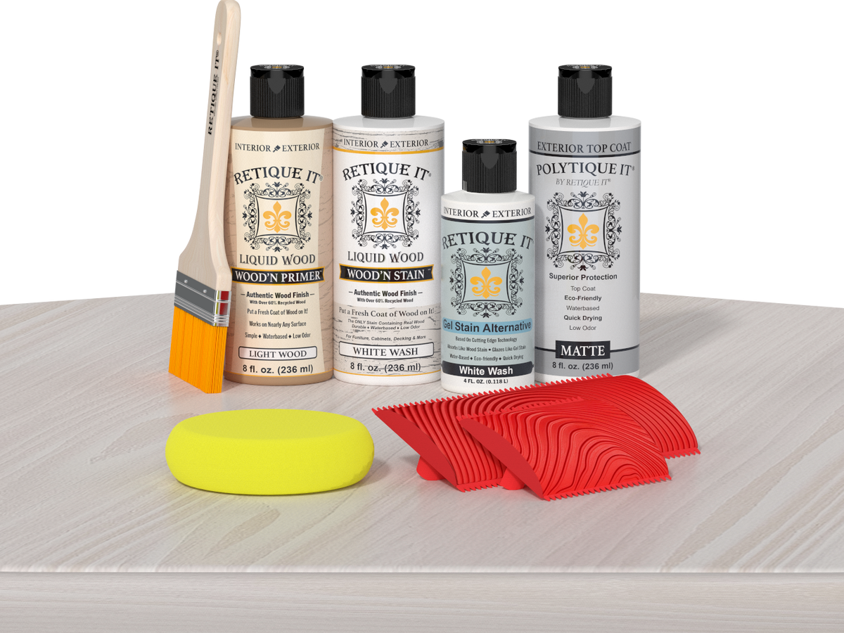 Retique It® Wood'n Finish Kit in White Wash for exterior wood, shown with applicator and sample wood surface.