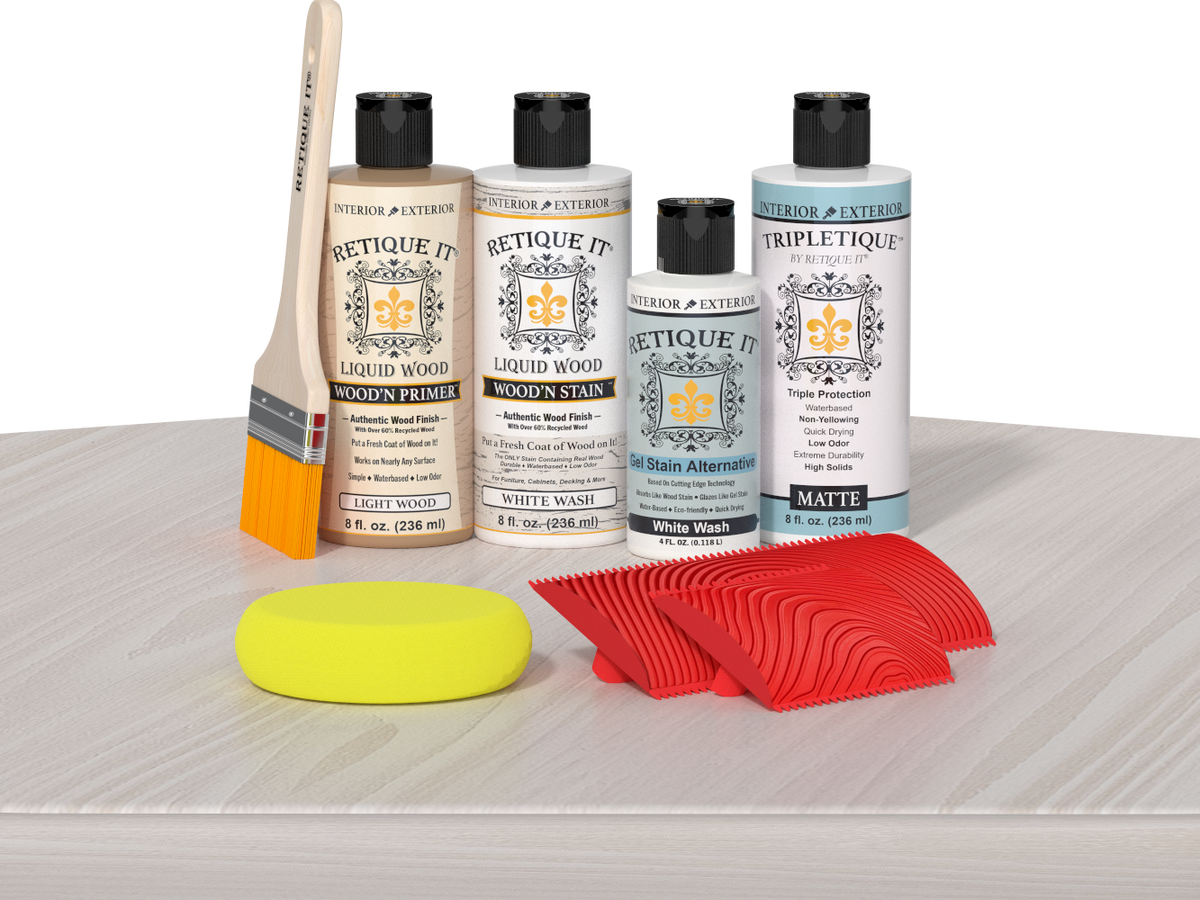 Retique It® Wood'n Kit white wash interior top coat stain on table showcasing wood finishing application.