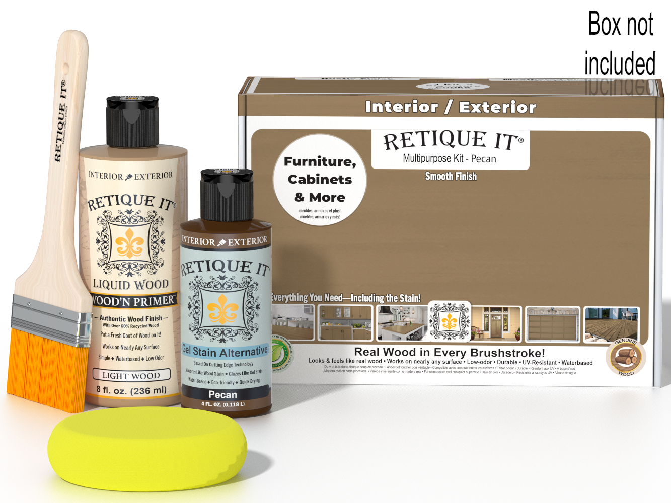 Retique It® Multi-purpose Smooth Finish Kit in Pecan for wood finishing, shown with application tools and product packaging.