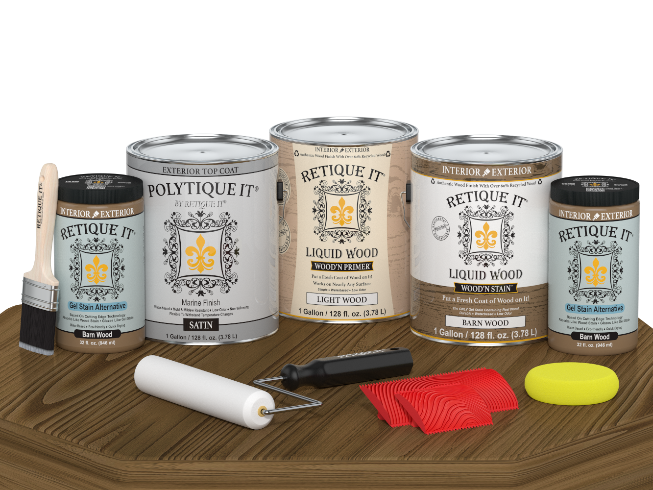 Retique It Barn Wood decking wood stain kit with satin finish, shown on a table, designed for wood decking projects.