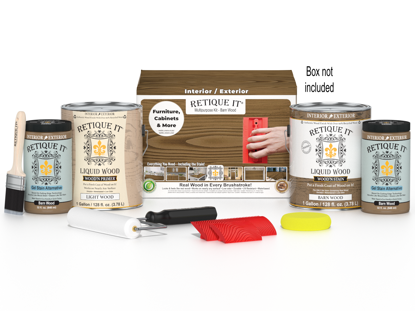 Retique It® Wood'n Finish Kit in Barn Wood, multi-purpose kit with four large wood finishing tools and accessories.