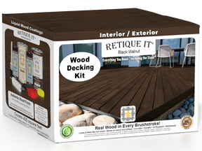 Retique It Black Walnut decking wood stain kit with natural wood finish, showcasing the stain applied to decking wood.