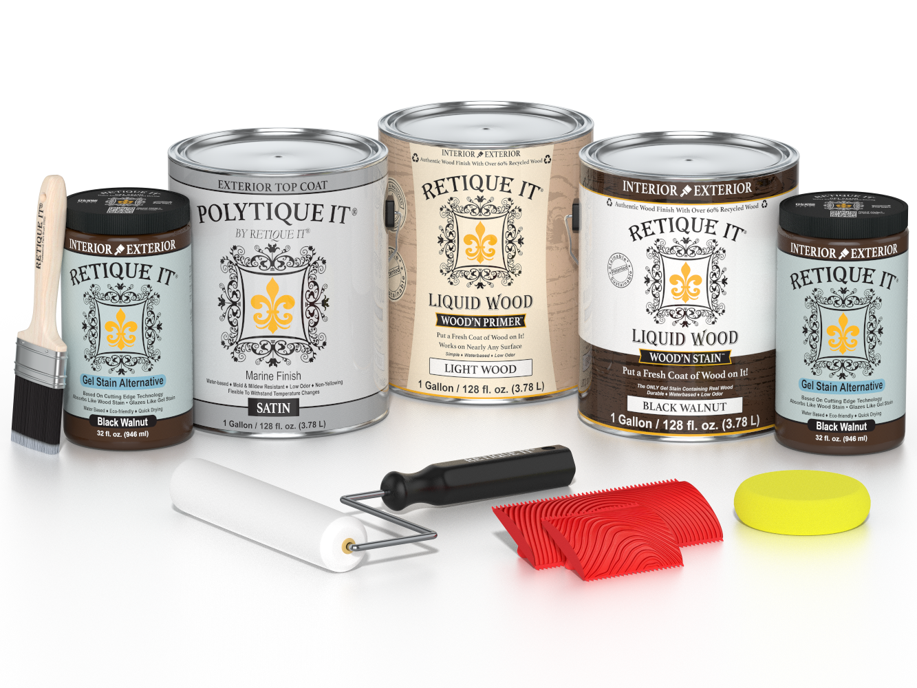 Retique It Black Walnut decking wood stain kit with satin finish, featuring stain containers and application tools.