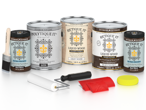 Retique It Black Walnut decking wood stain kit with satin finish, featuring stain containers and application tools.