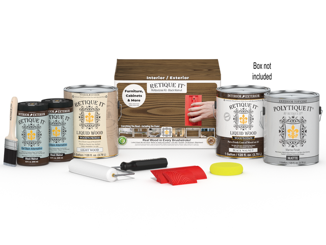 Retique It Wood'n Kit in black walnut, a multi-purpose exterior finish kit with four large containers for wood top coating.