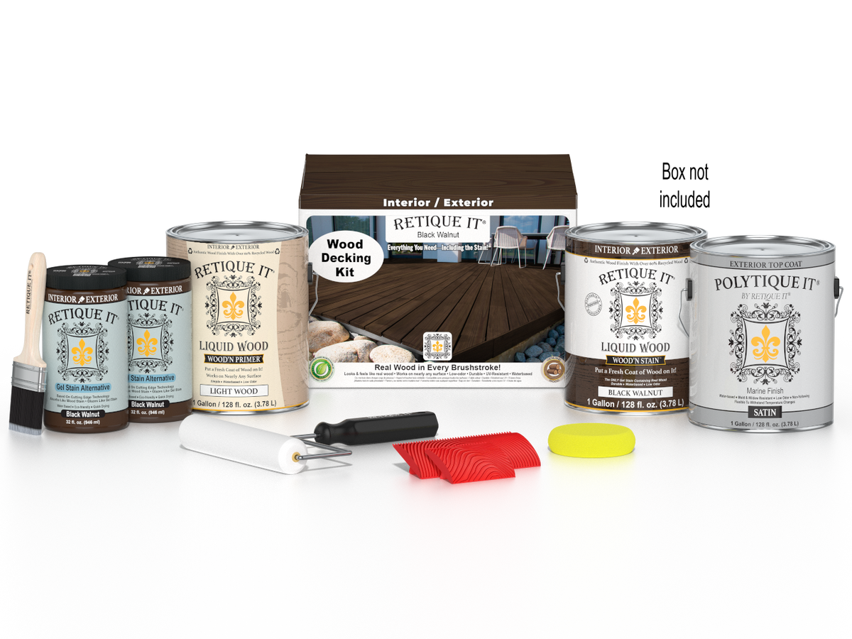 Black Walnut decking wood stain kit by Retique It, featuring stain bottles and application tools for wood decking projects.