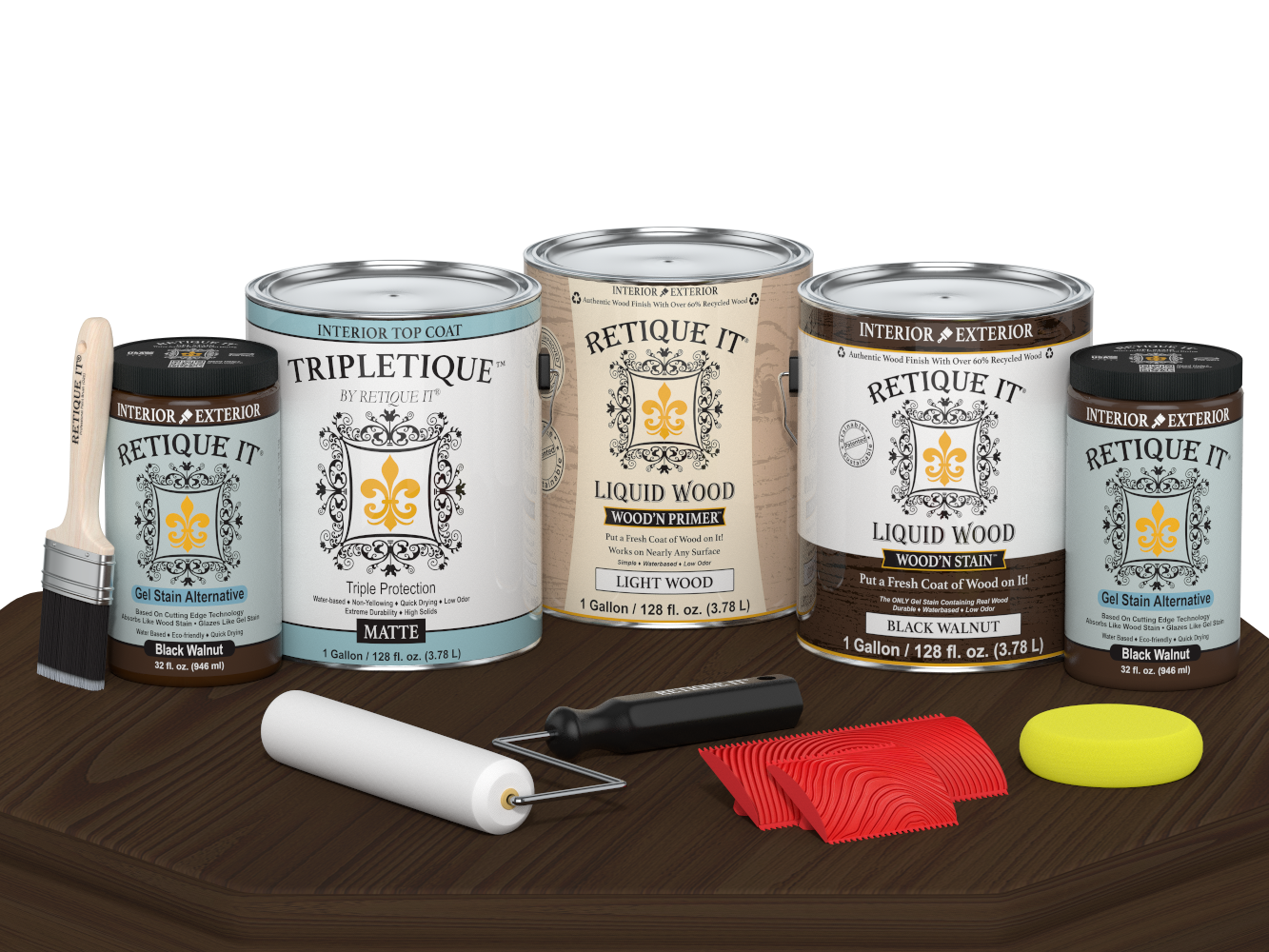 Retique It® Wood'n Cabinet Kit with 48 black walnut grained door stains, matte finish, displayed on a table.
