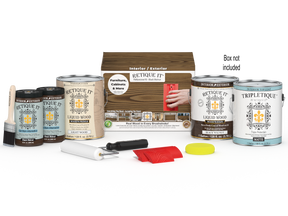 Retique It® Wood'n Kit in black walnut finish, includes four large interior top coat bottles, displayed with packaging and brushes.