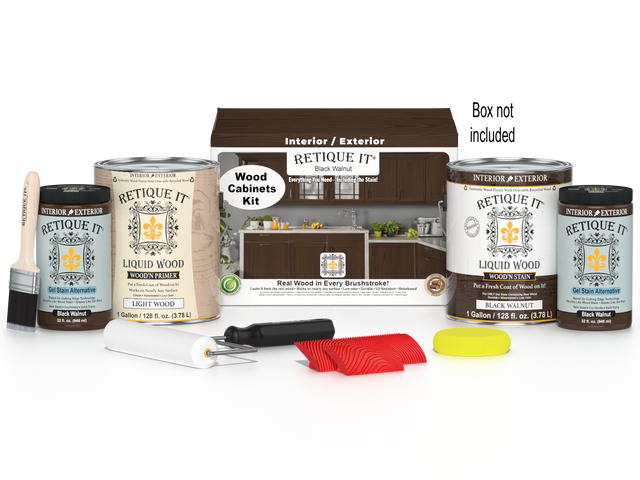 Retique It Wood'n Cabinet Kit in black walnut stain, featuring 48 grained cabinet doors and stain containers for wood furniture.
