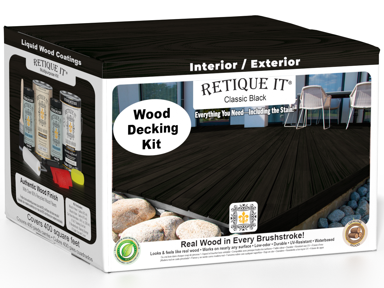 Retique It Decking Wood'n Kit in Classic Black stain, featuring wood planks and staining tools for outdoor decking projects.
