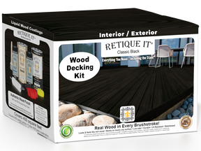 Retique It Decking Wood'n Kit in Classic Black stain, featuring wood planks and staining tools for outdoor decking projects.