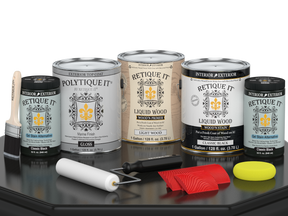 Gloss black Multi-purpose Wood'n Kit by Retique It® for interior wood finishing, includes four large bottles of top coat.