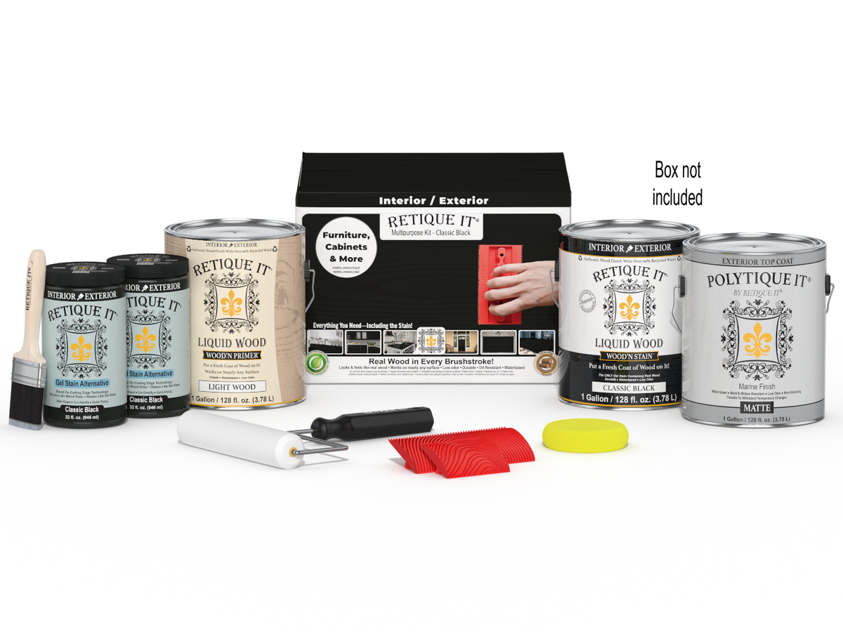 Retique It® Wood'n Finish Kit, 4-piece large Classic Black exterior top coat set with application tools and box.