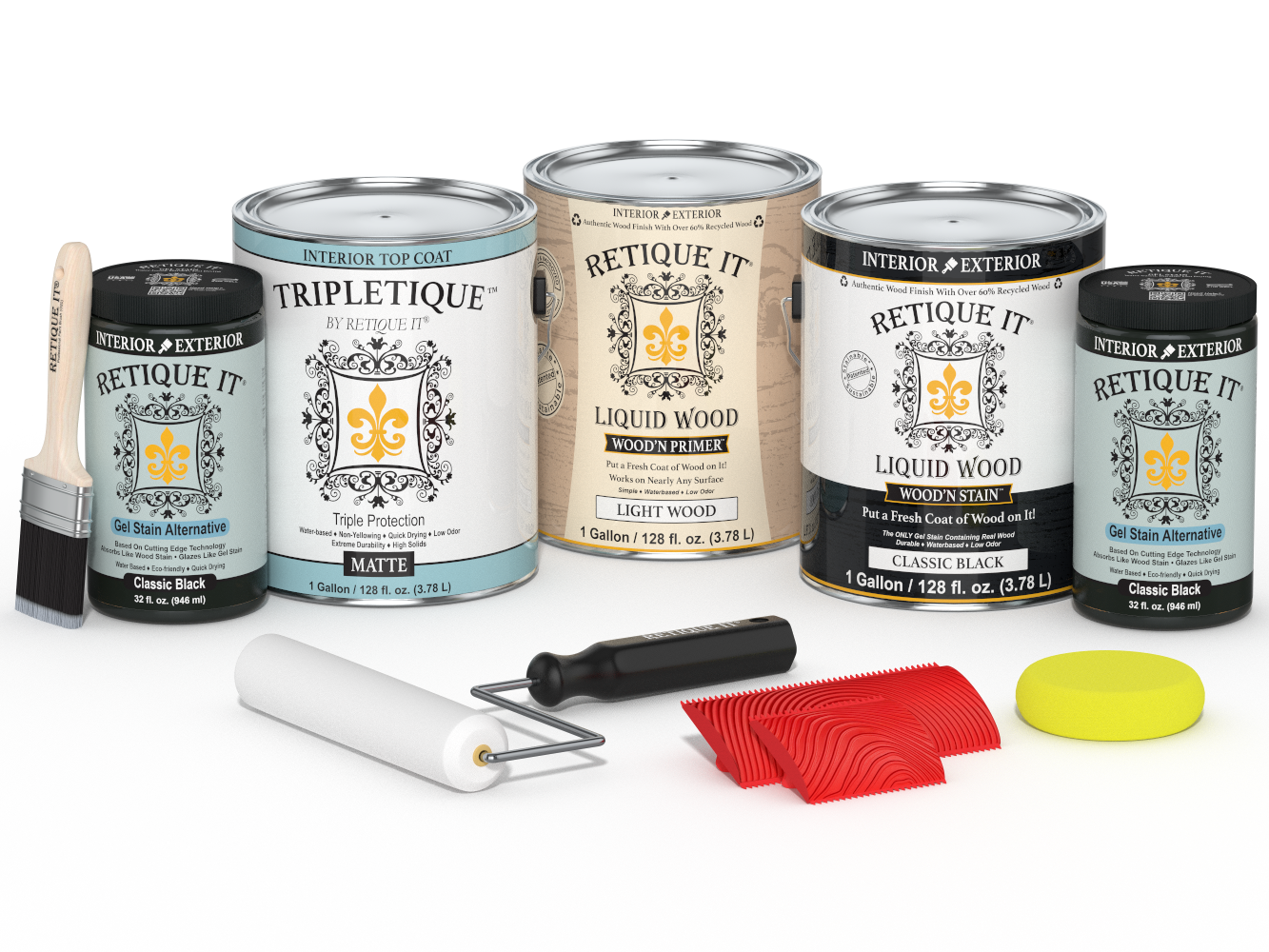 Retique It® Wood'n Finish Kit in Classic Black, interior top coat set with four large bottles, matte finish for wood projects.