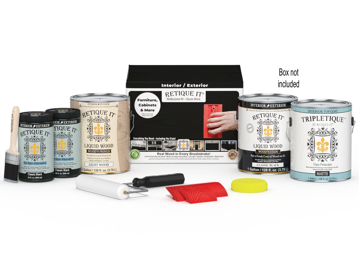 Retique It® Wood'n Kit Multi-purpose interior top coat in classic black, includes four large wood finish bottles and applicator tools.
