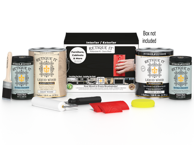 Retique It Multi-purpose Wood'n Kit in Classic Black with four large wood finish tubes and a storage box, ideal for wood projects.