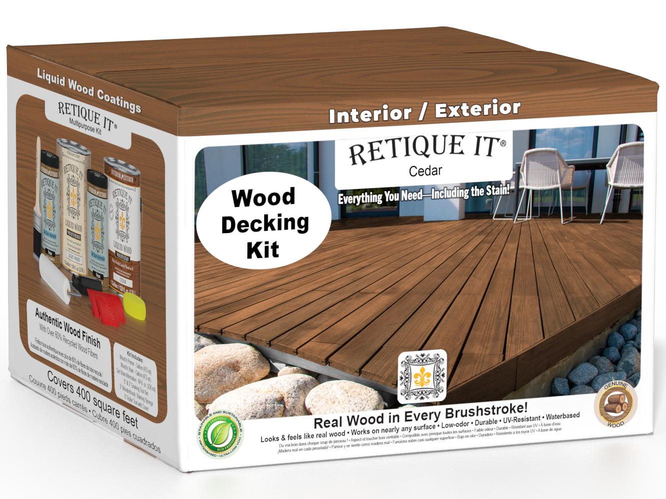 Retique It Cedar Decking Wood'n Kit stain, showing application on deck surface with natural cedar wood finish and stain brush.