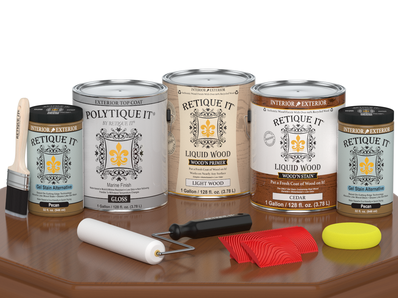 Retique It® Wood'n Finish Kit in cedar with gloss top coat, including four large exterior wood treatment bottles on a table.