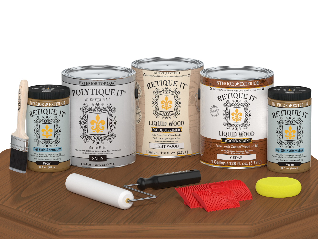Retique It Cedar Decking Wood'n Kit stain swatch on table showing satin finish for cedar wood decking projects.