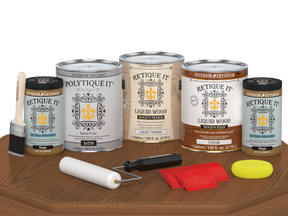 Retique It Cedar Decking Wood'n Kit stain swatch on table showing satin finish for cedar wood decking projects.