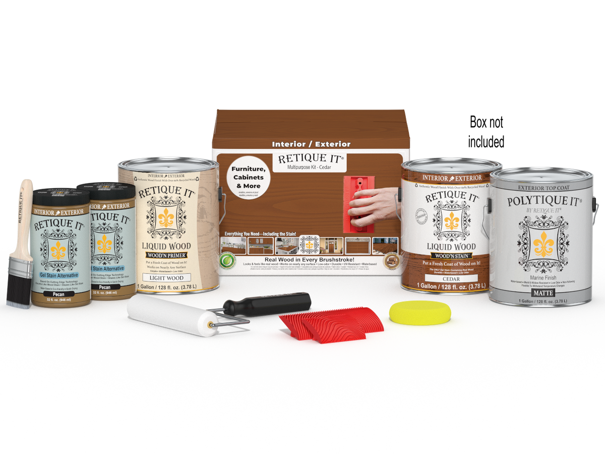 Retique It® Wood'n Kit cedar exterior top coat with four large wood finish bottles and applicator tools in a box.