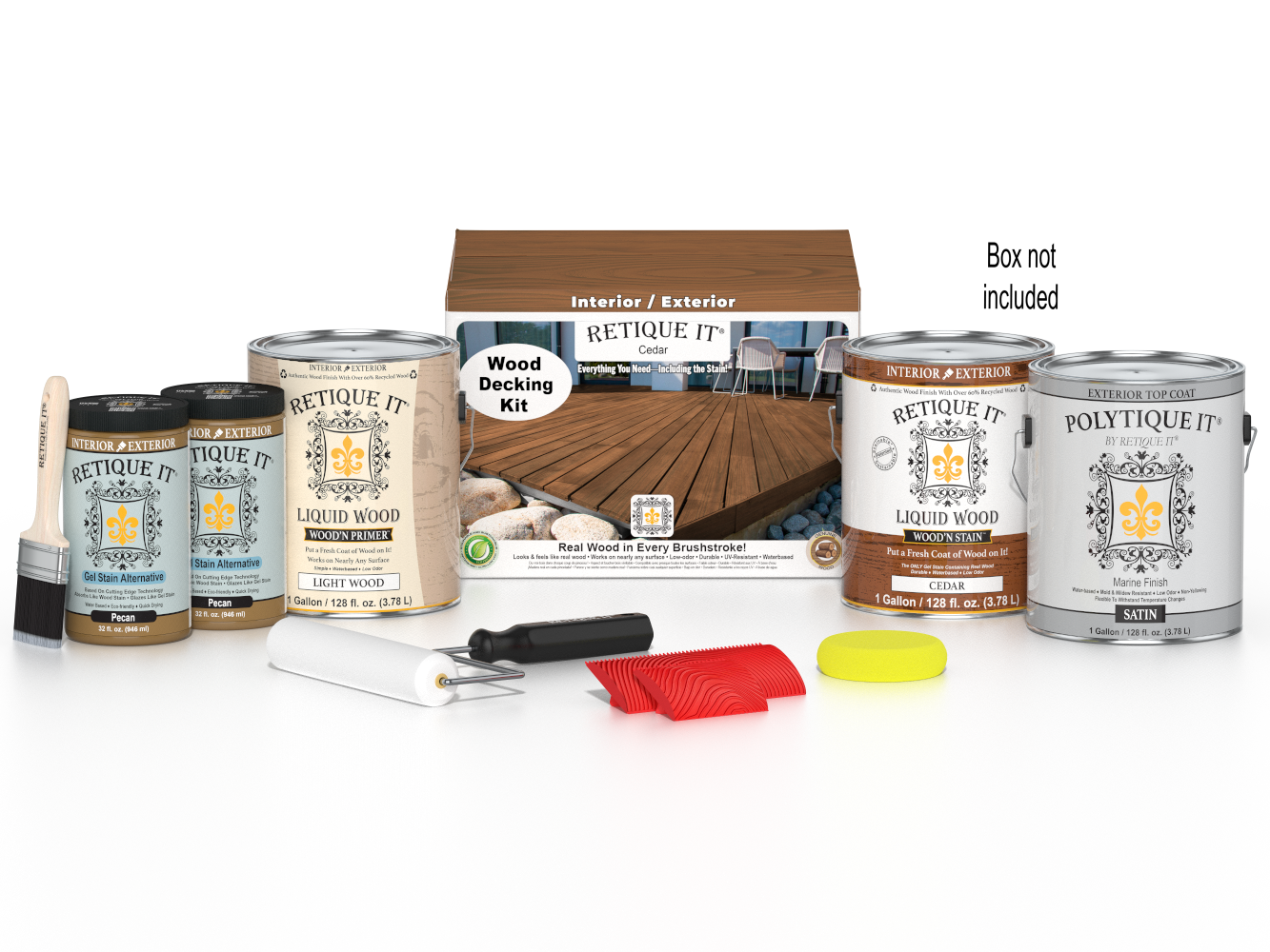 Retique It Cedar Decking Wood'n Kit with stains, including wood planks and stain boxes for outdoor decking projects.