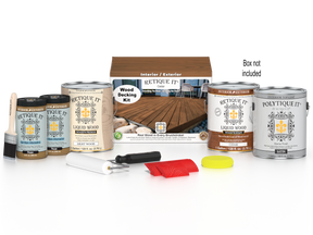 Retique It Cedar Decking Wood'n Kit with stains, including wood planks and stain boxes for outdoor decking projects.