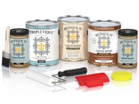 Retique ItÂ® Wood'n Finish Kit with four large cedar interior top coats, featuring a glossy wood finish for home interior projects.